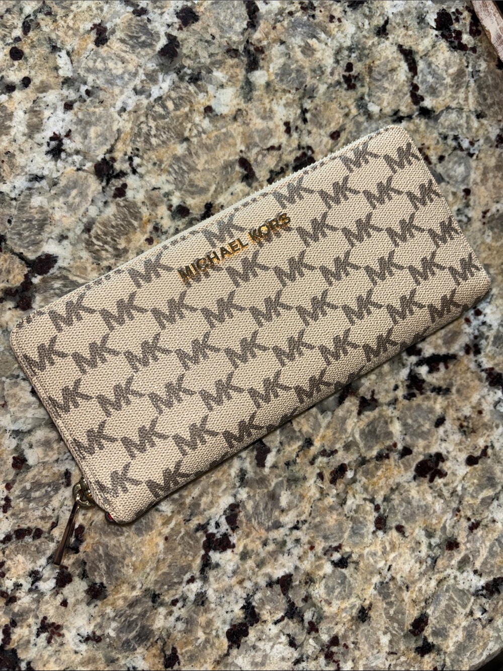 MICHAEL Michael Kors Beige Logo Zip Wallet with Gold Hardware